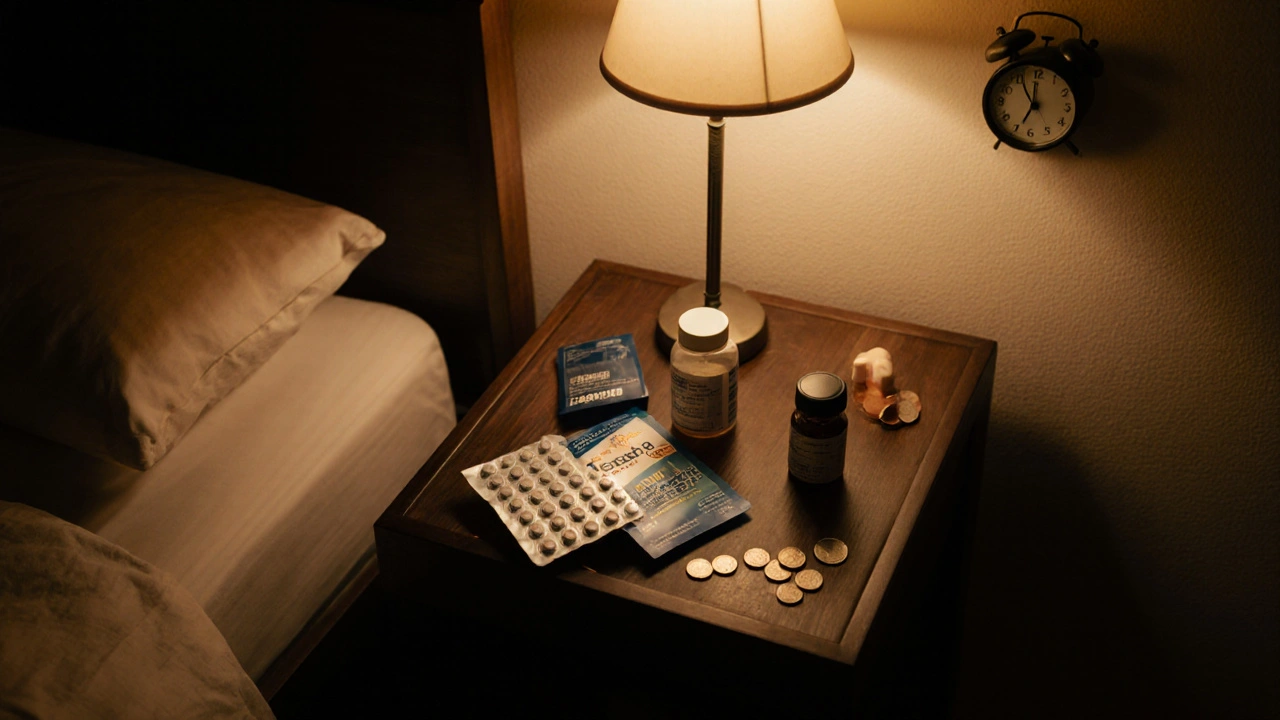 Bedside scene with Tadora blister pack, generic tadalafil bottle, sildenafil tablet, avanafil bottle, lamp and clock.