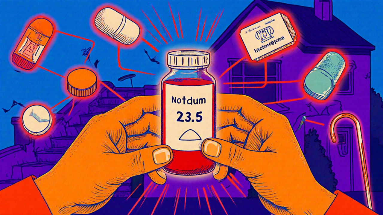 Blood test with low sodium levels connected by warning lines to dangerous pills, in vibrant Peter Max illustration style.