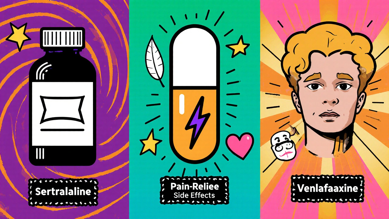 Bright cartoon panels comparing Endep, sertraline, and venlafaxine.