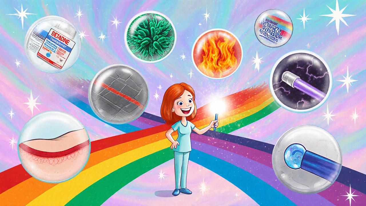 Caregiver at a rainbow crossroads choosing antiseptic bubbles for different wound types.