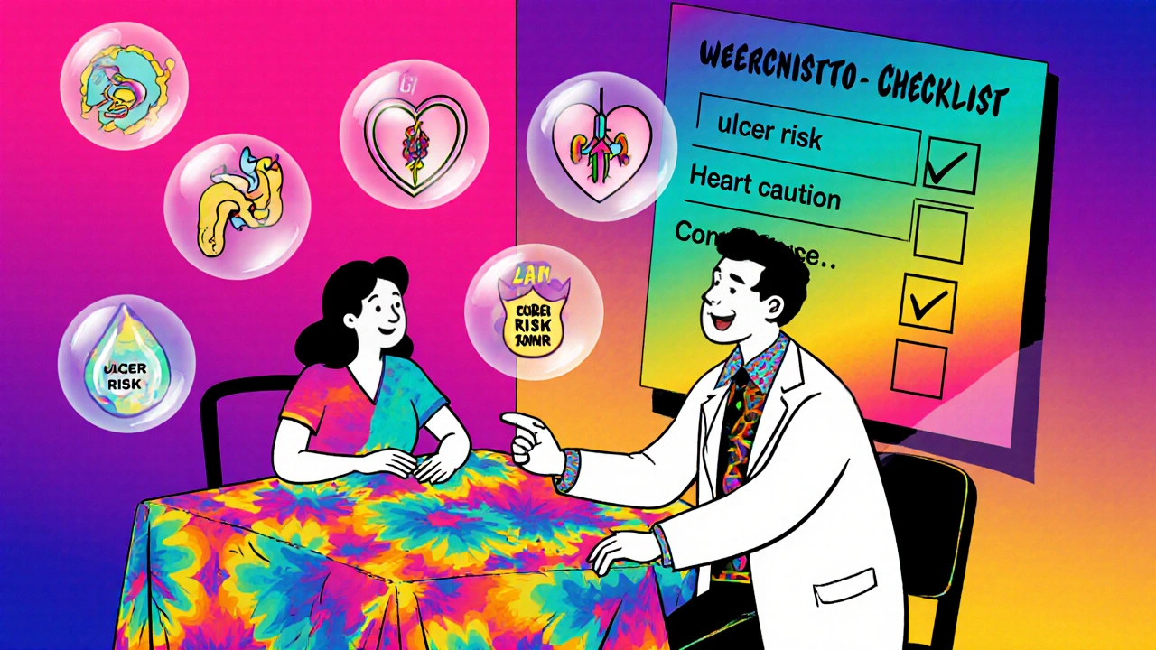 Cartoon doctor and patient discussing NSAID choice, surrounded by icons for arthritis, heart, stomach.