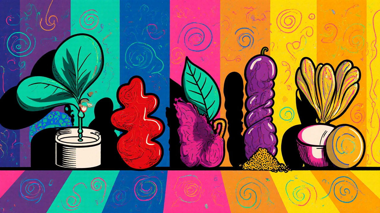 Cartoon lineup of five herbal supplement forms: syrup, capsule, tablet, powder, and leaf.