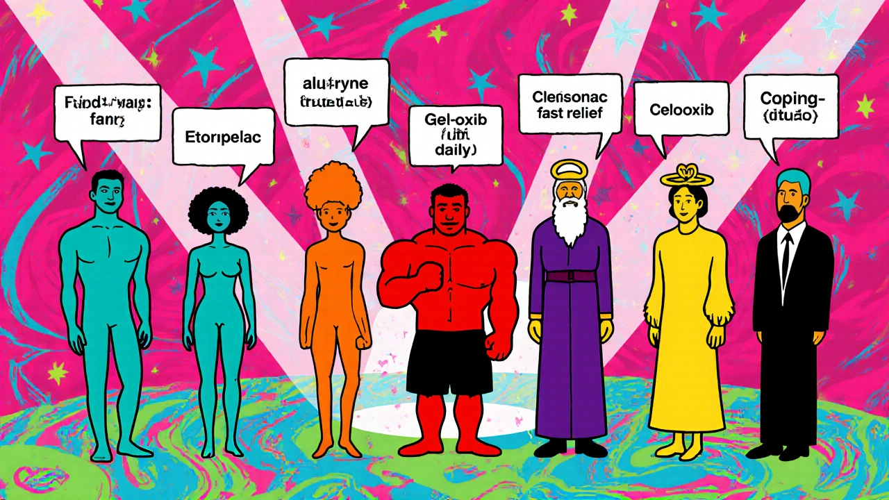 Colorful cartoon lineup of personified NSAID pills, each holding a sign of their dose and key benefit.