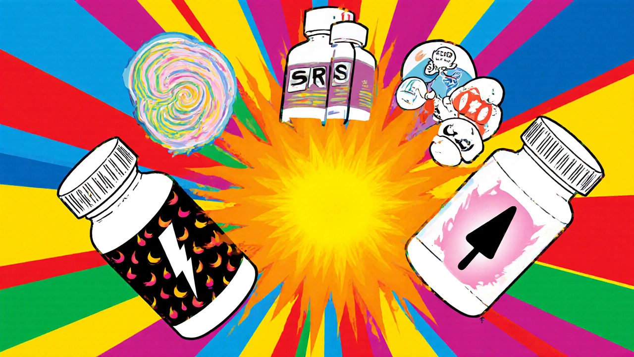 Colorful collage of pill bottles representing five drug classes that cause sweating.