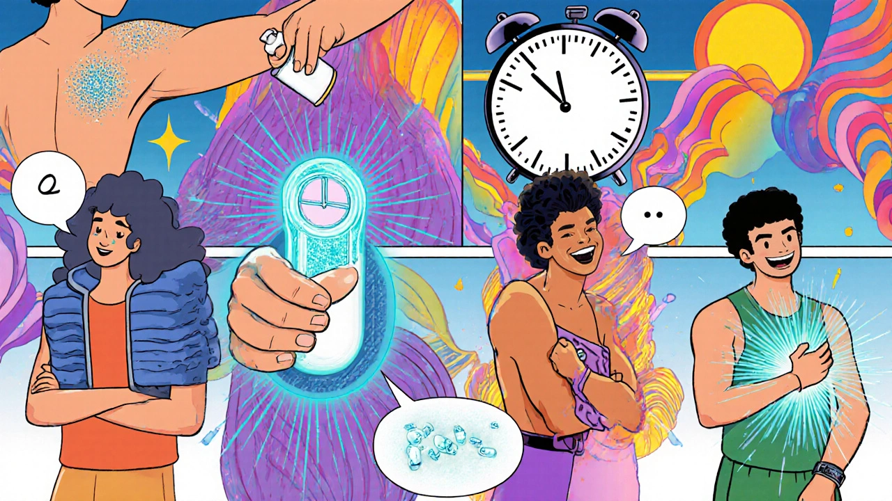Comic strip showing antiperspirant use, morning dosing, glycopyrrolate, cooling vest, and smart patch.