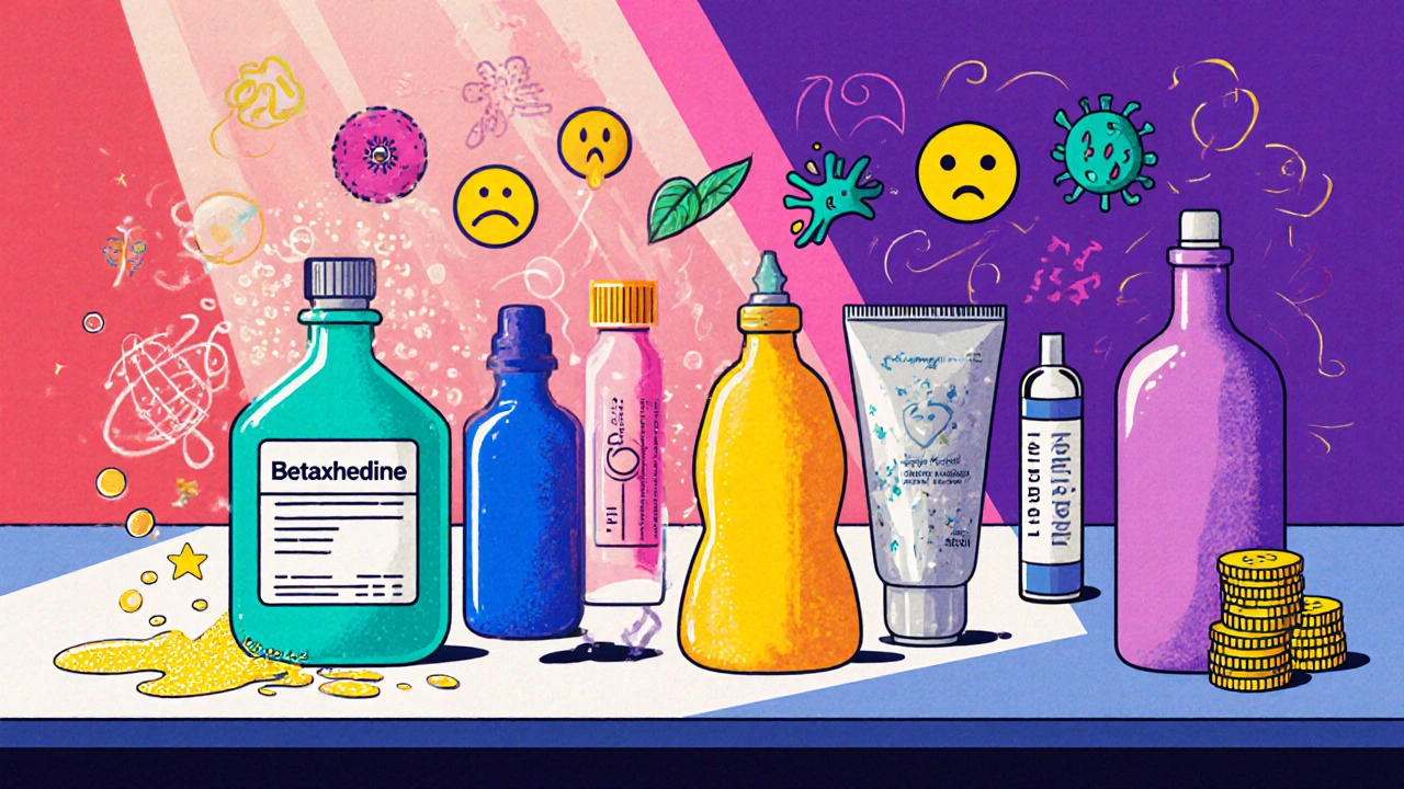 Counter display of bright antiseptic products with icons showing their mechanisms and uses.