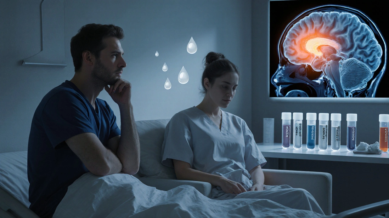 Digital art showing a man, woman, lab tests, and MRI highlighting a pituitary adenoma.