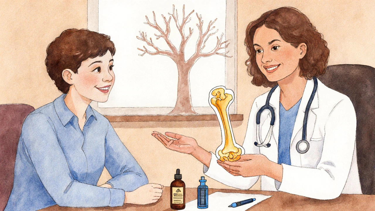 Doctor and patient discussing osteoporosis treatments with bone model.