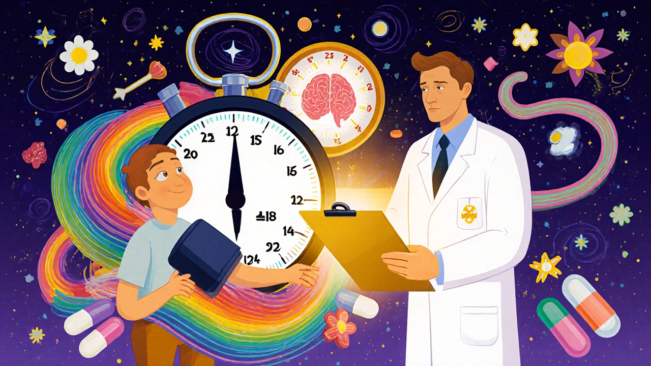 Doctor and patient with a dramatic blood pressure drop shown visually, surrounded by colorful pills and medical symbols.