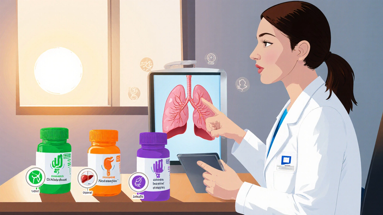 Doctor discusses TB drug options with colored pill bottles and side‑effect icons.