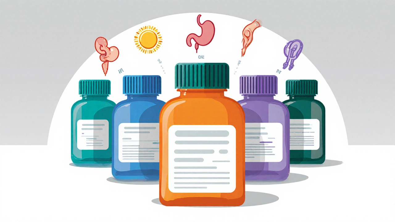 Five colored antibiotic bottles with icons showing their main side effects and uses.