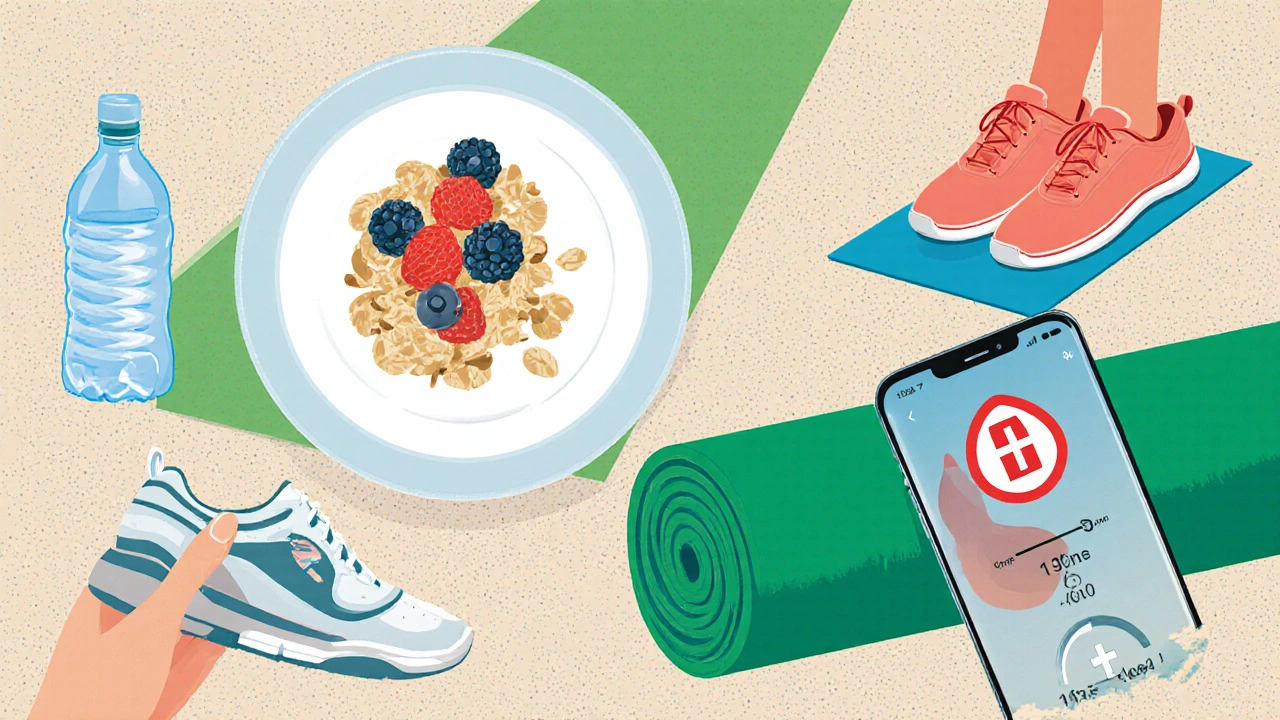 Flat‑lay of oatmeal, water bottle, walking shoes, yoga mat, breathing timer, and medical warning icon.