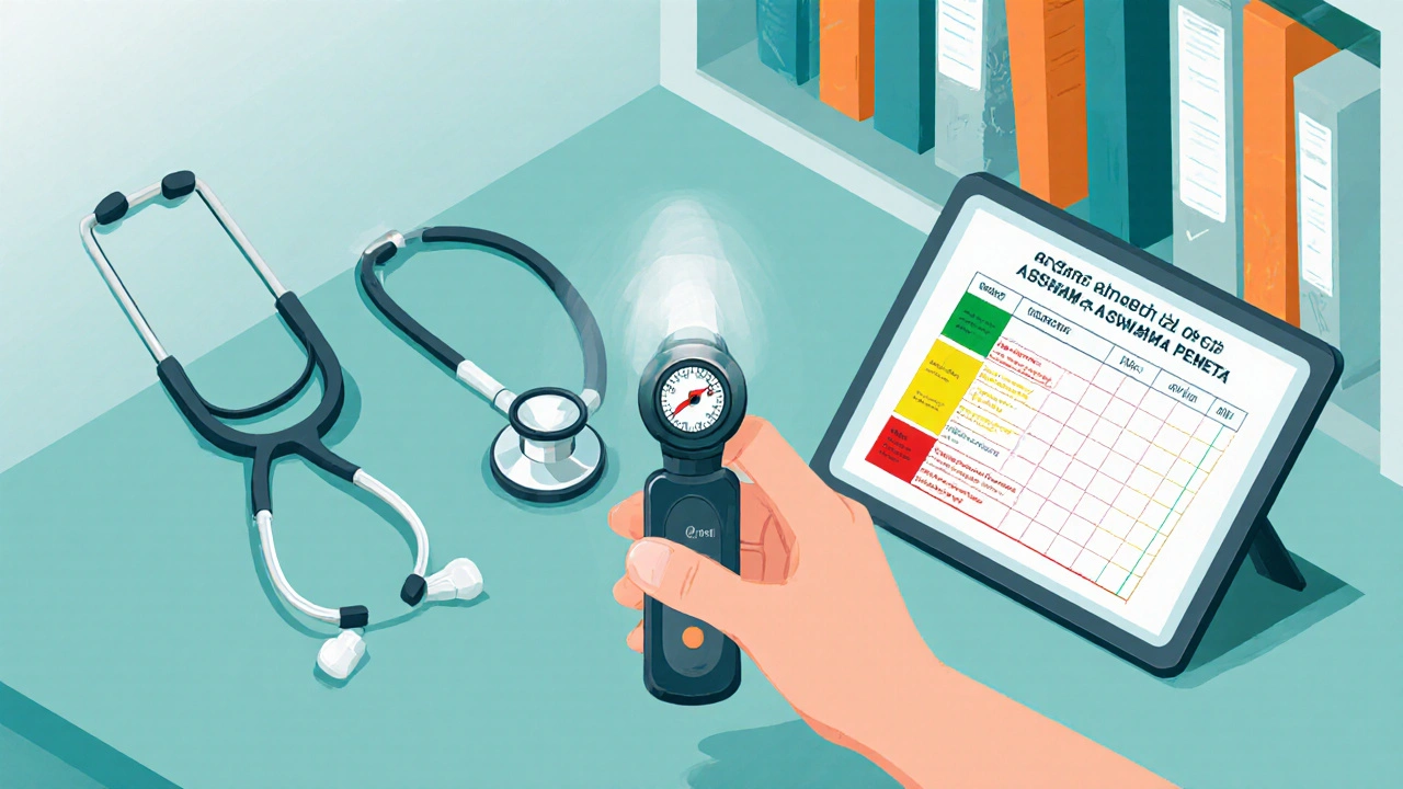 Hand using a peak‑flow meter beside a tablet showing an asthma action plan in an isometric layout.