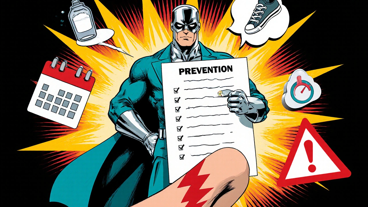 Health guardian superhero with prevention icons and warning symbols around a leg.