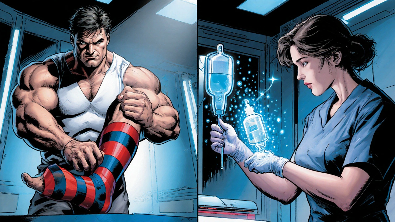Heroic doctor applying compression stockings and a nurse giving an IV antibiotic, shown in side‑by‑side action.