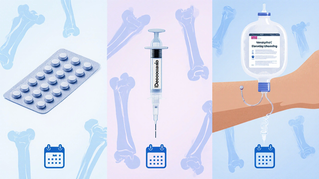 Illustration comparing Actonel pills, Denosumab injection, and Zoledronic acid IV.