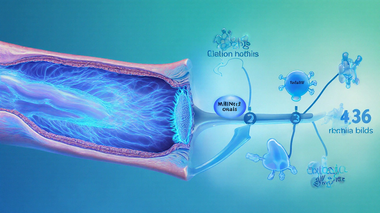 Illustration of a dilated penile artery with tadalafil molecules blocking enzymes, overlaid by a timeline of duration.