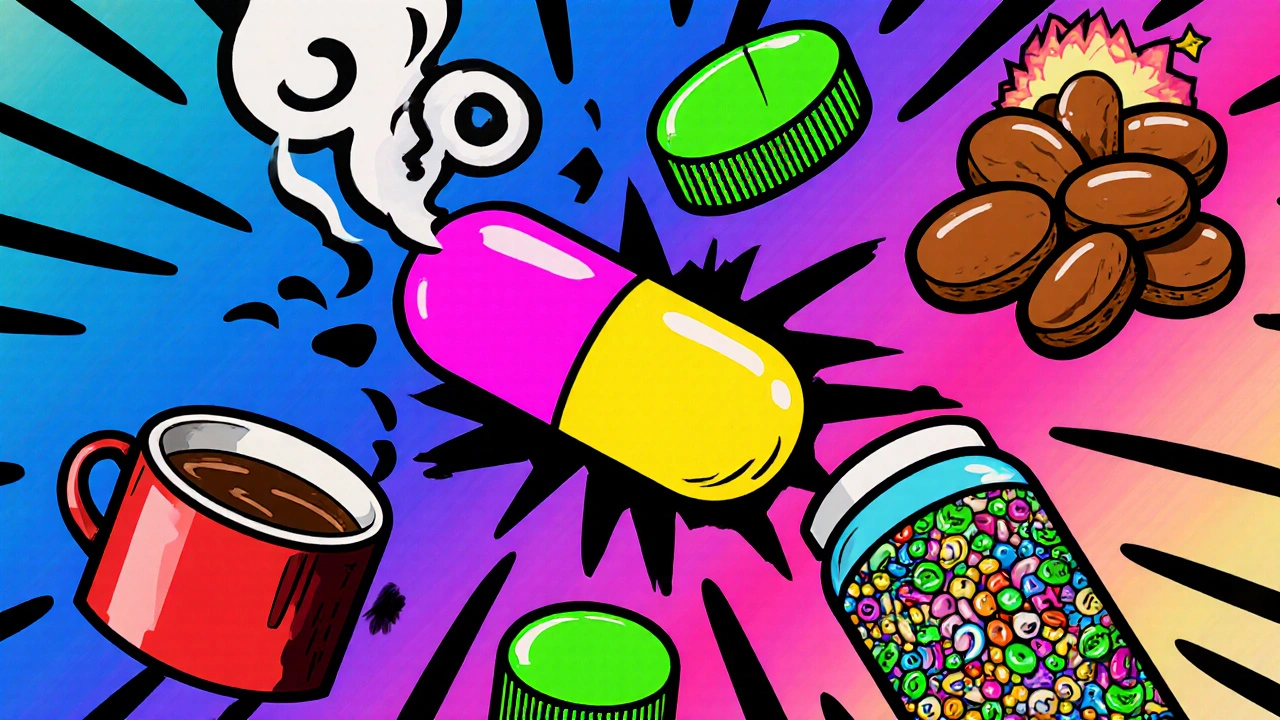 Levothyroxine pill surrounded by bright coffee, calcium, iron, soy, and multivitamin icons.