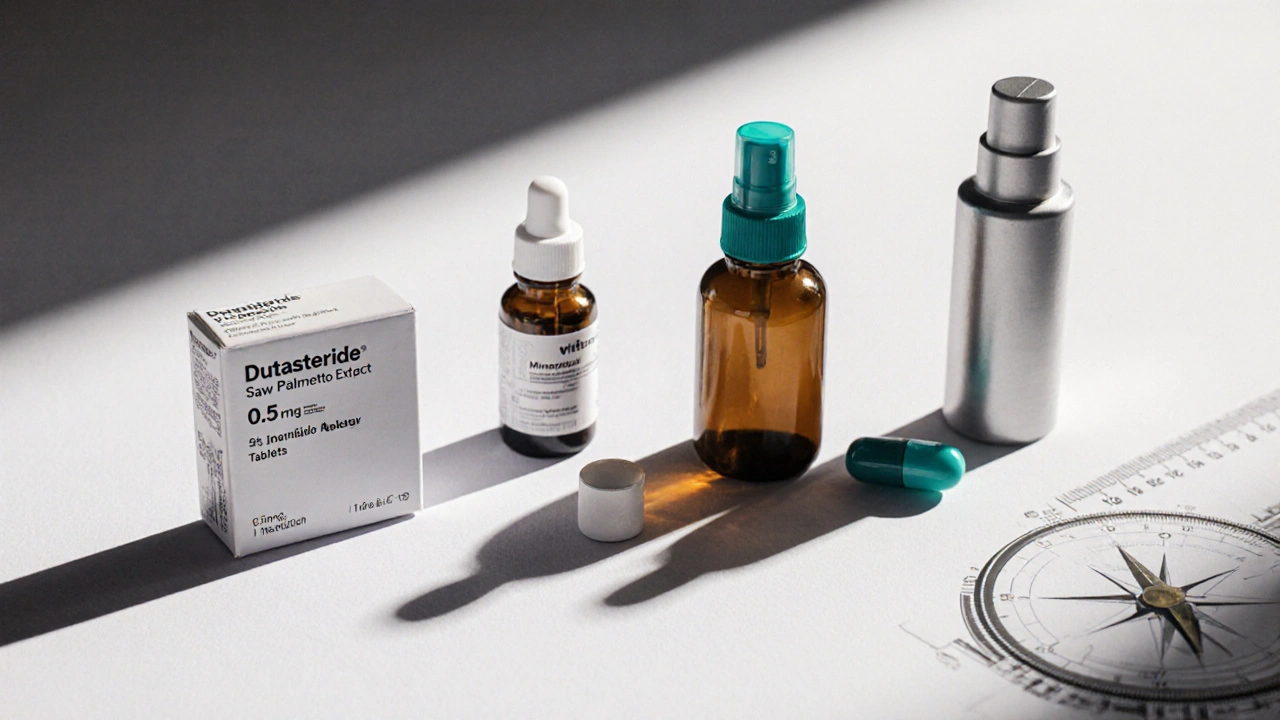 Lineup of dutasteride, finasteride, saw‑palmetto, minoxidil, and tamsulosin products.