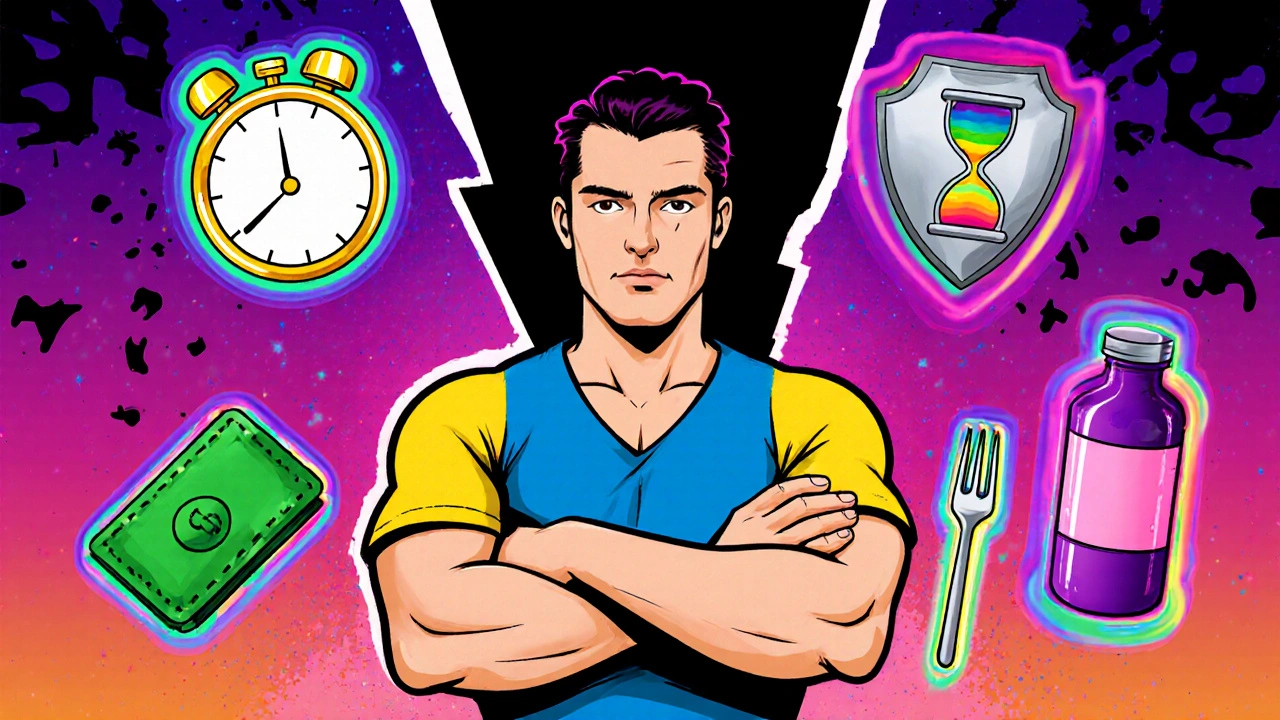 Male figure surrounded by icons for onset, duration, cost, safety, food, and dosage.