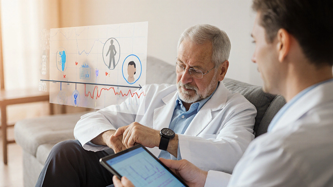 Man in clinic feeling relieved as doctor discusses treatment benefits.