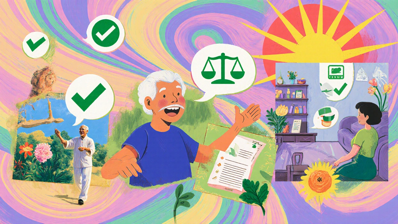 Older adult practicing tai chi with safety icons around them, in colorful, hopeful cartoon style.