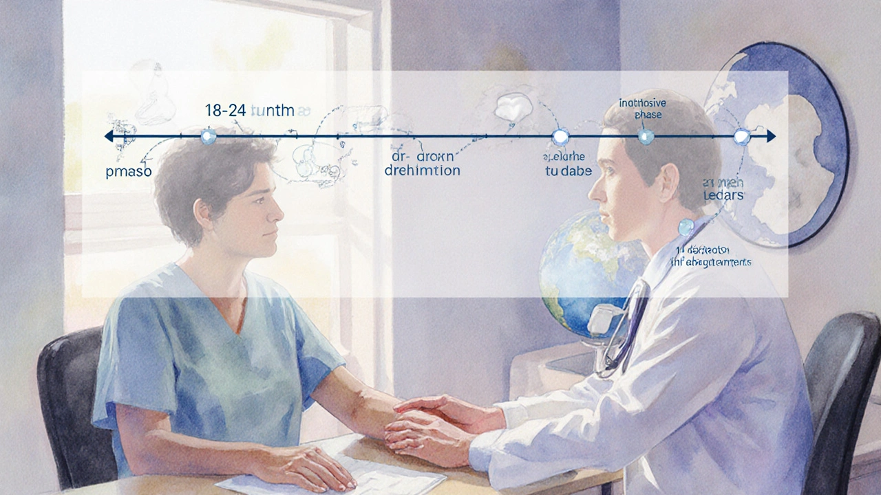 Patient consults specialist about long‑term TB treatment plan in a pastel room.