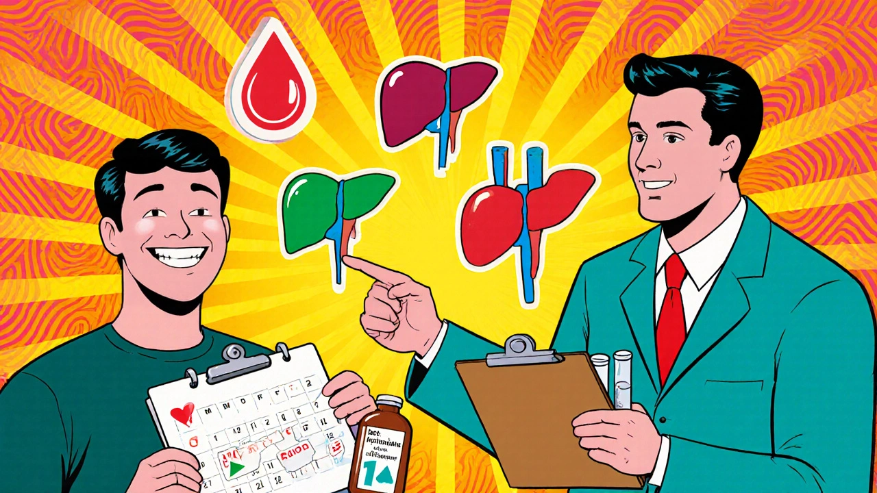 Patient with calendar, medication bottle, and doctor monitoring labs, surrounded by colorful health icons.