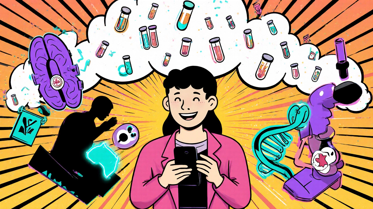 Patient with smartphone surrounded by MRI scanner, test tubes and DNA helix in vivid colors.