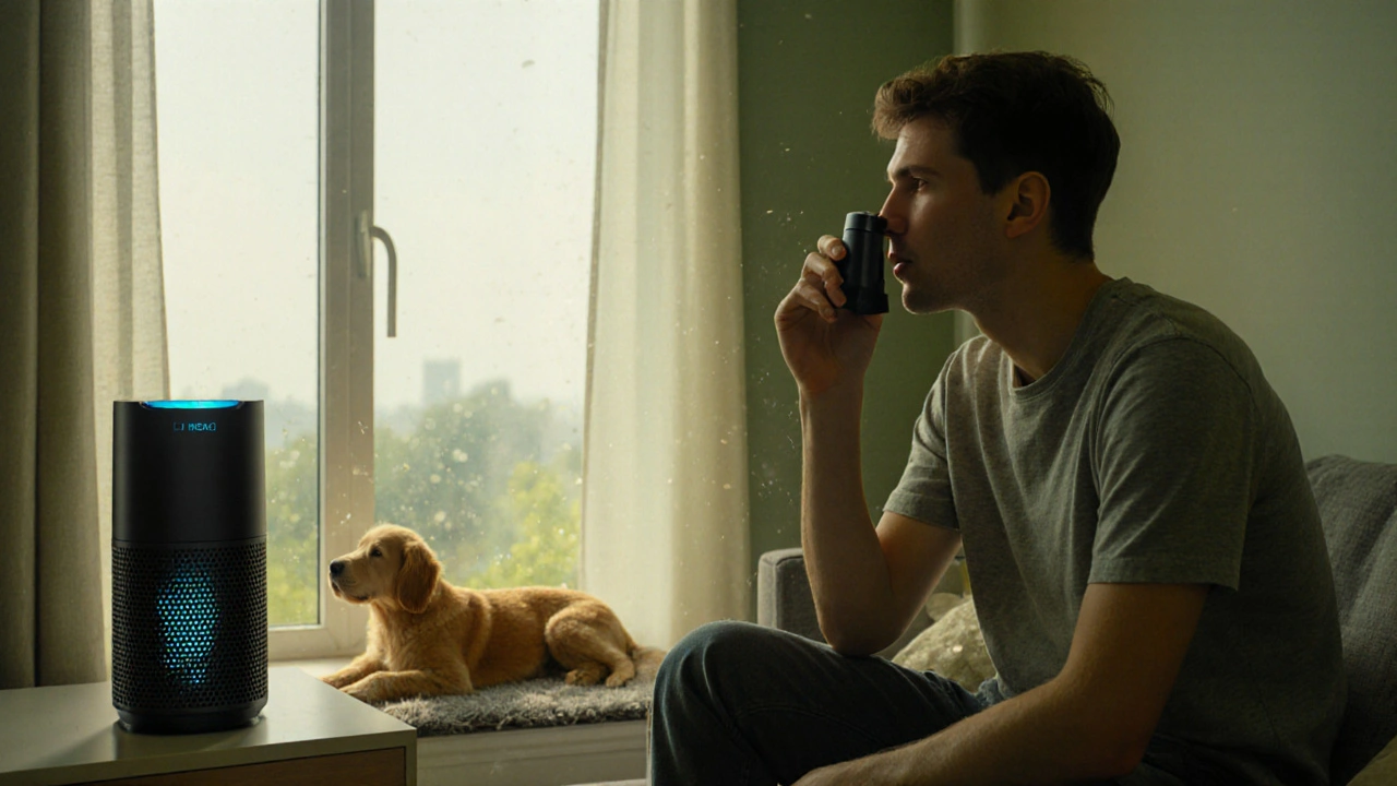Person holding an inhaler near a closed window, with pollen outside, a pet dog, and an air purifier inside.