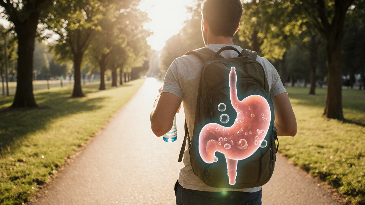 Person walking in a sunny park with probiotic bottle, illustrating post‑meal activity for gas relief.