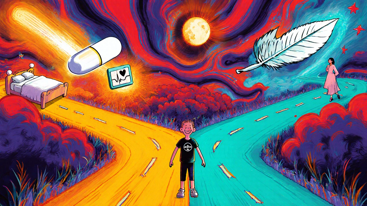 Psychedelic cartoon showing two paths choosing Endep or newer drugs.