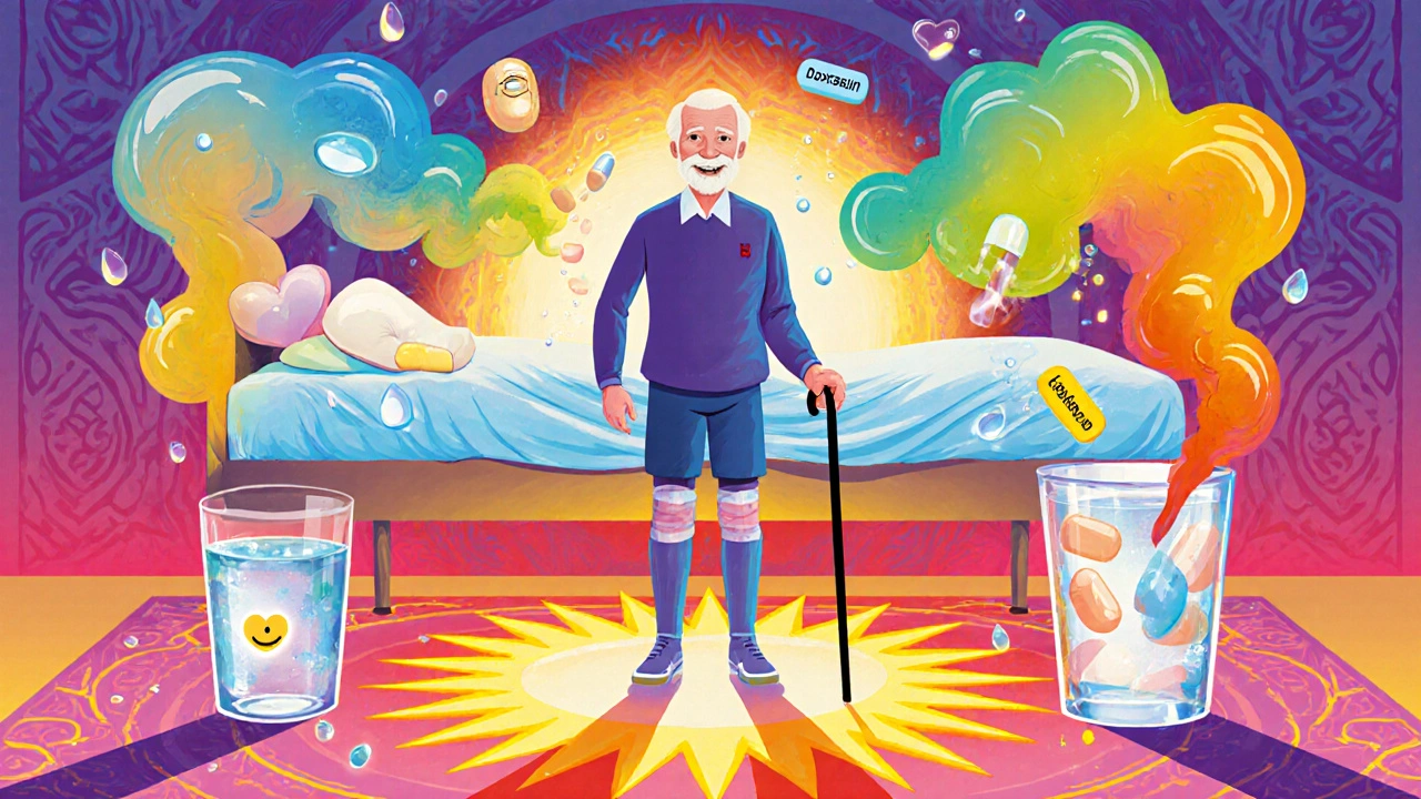 Senior standing confidently with compression socks and water, dissolving pills fading into colorful smoke.