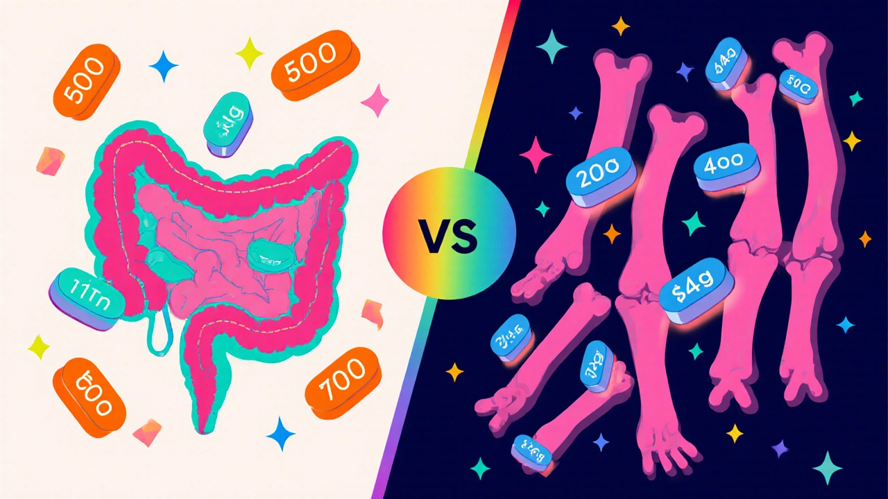 Split illustration of colon and joints with floating tablets showing dosage ranges for each condition.