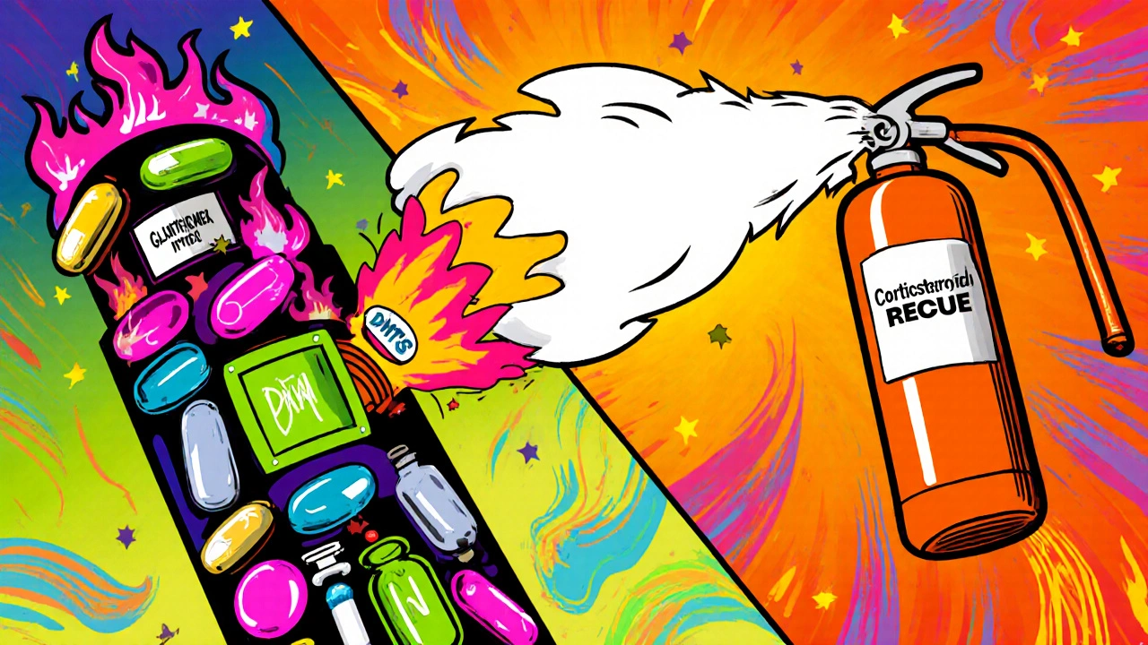 Split scene showing a fire alarm of pills for long‑term drugs and a fire extinguisher for corticosteroids.
