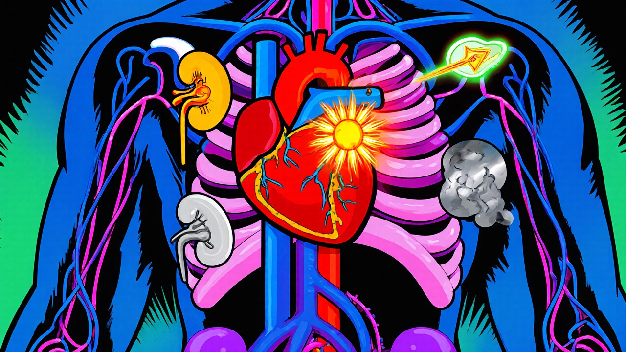 Vibrant cross‑section of torso showing heart, veins, baroreceptors, and RAAS icons.
