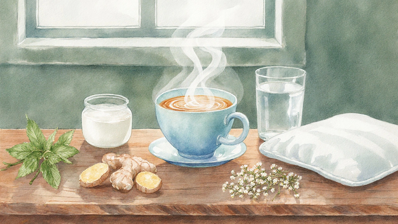 Watercolor of ginger tea, peppermint, chamomile, probiotic yogurt, water, and a heating pad on a table.