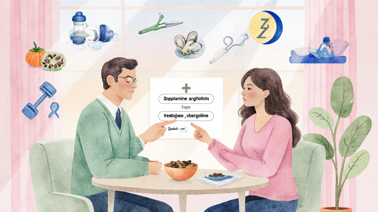 Watercolor scene of a doctor discussing medication and lifestyle tips with a couple.