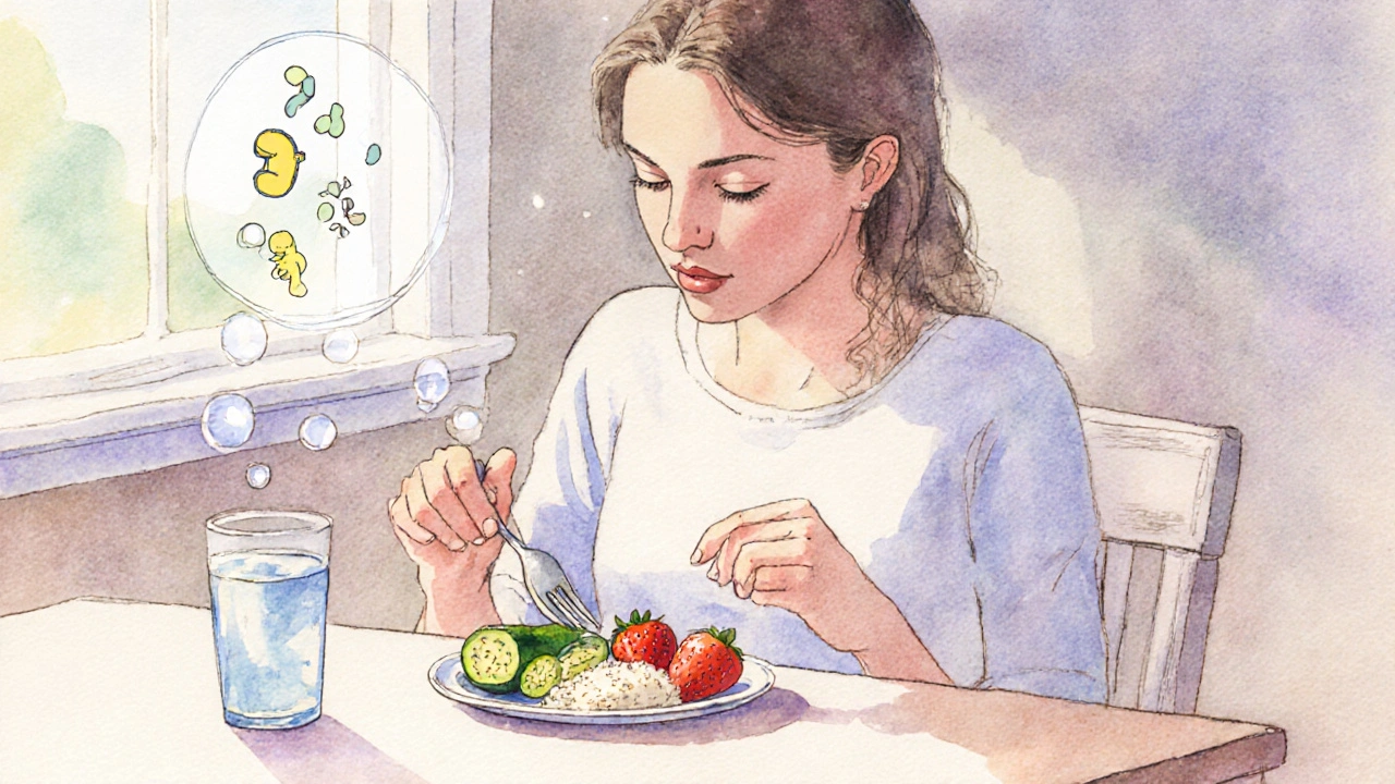 Woman eating mindfully at a kitchen table with low‑FODMAP foods and pastel watercolor style.