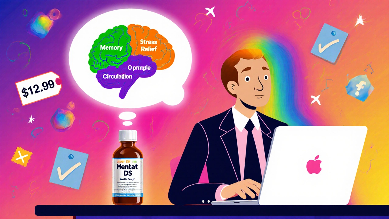 Young professional at a desk with Mentat DS syrup, thought bubble showing brain benefits.