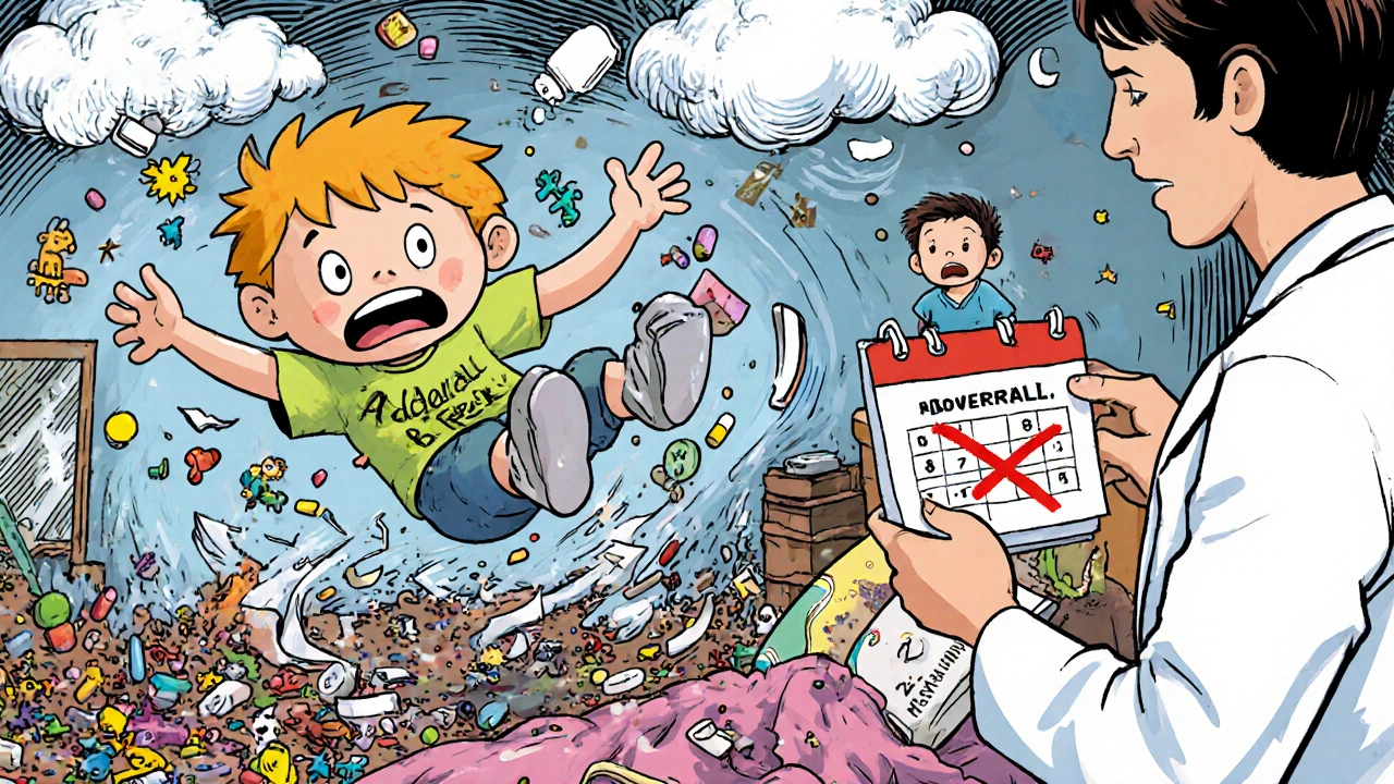 A child floating above a messy room during an uncontrolled ADHD medication break, with a parent holding a corrected calendar.