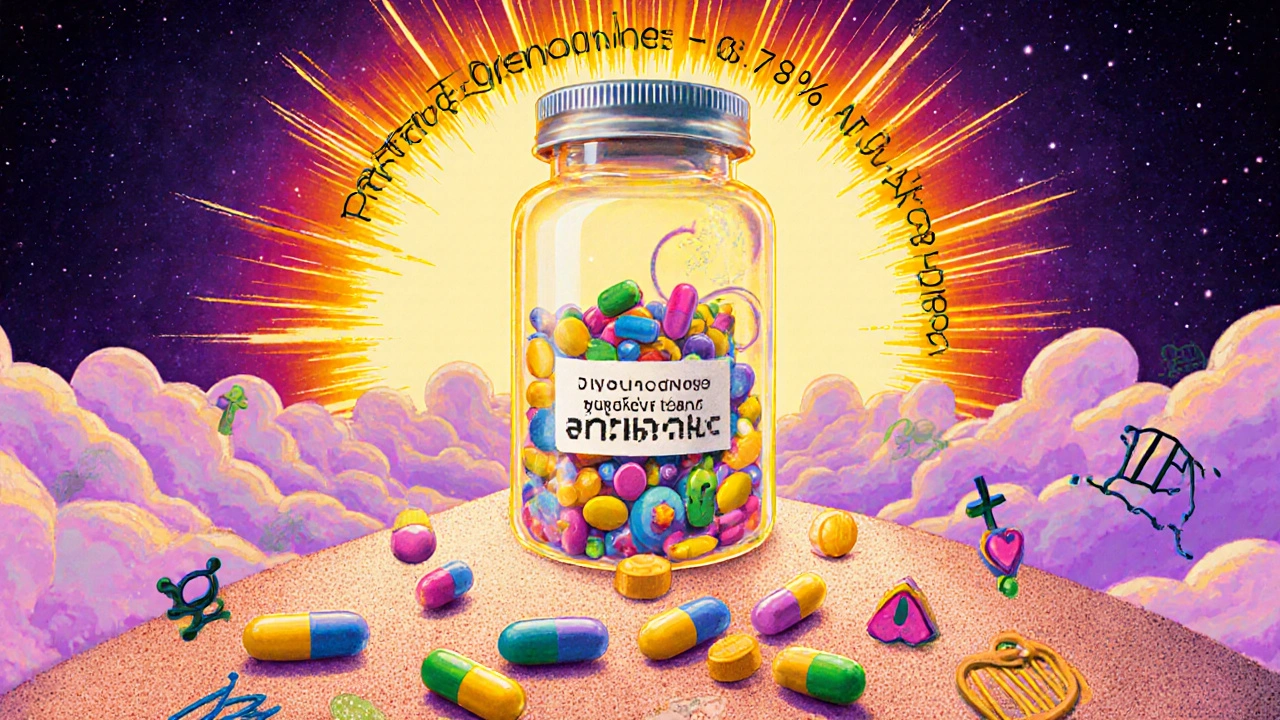 A DNA strand turning into a pill bottle with peace radiating around an authorized generic label.