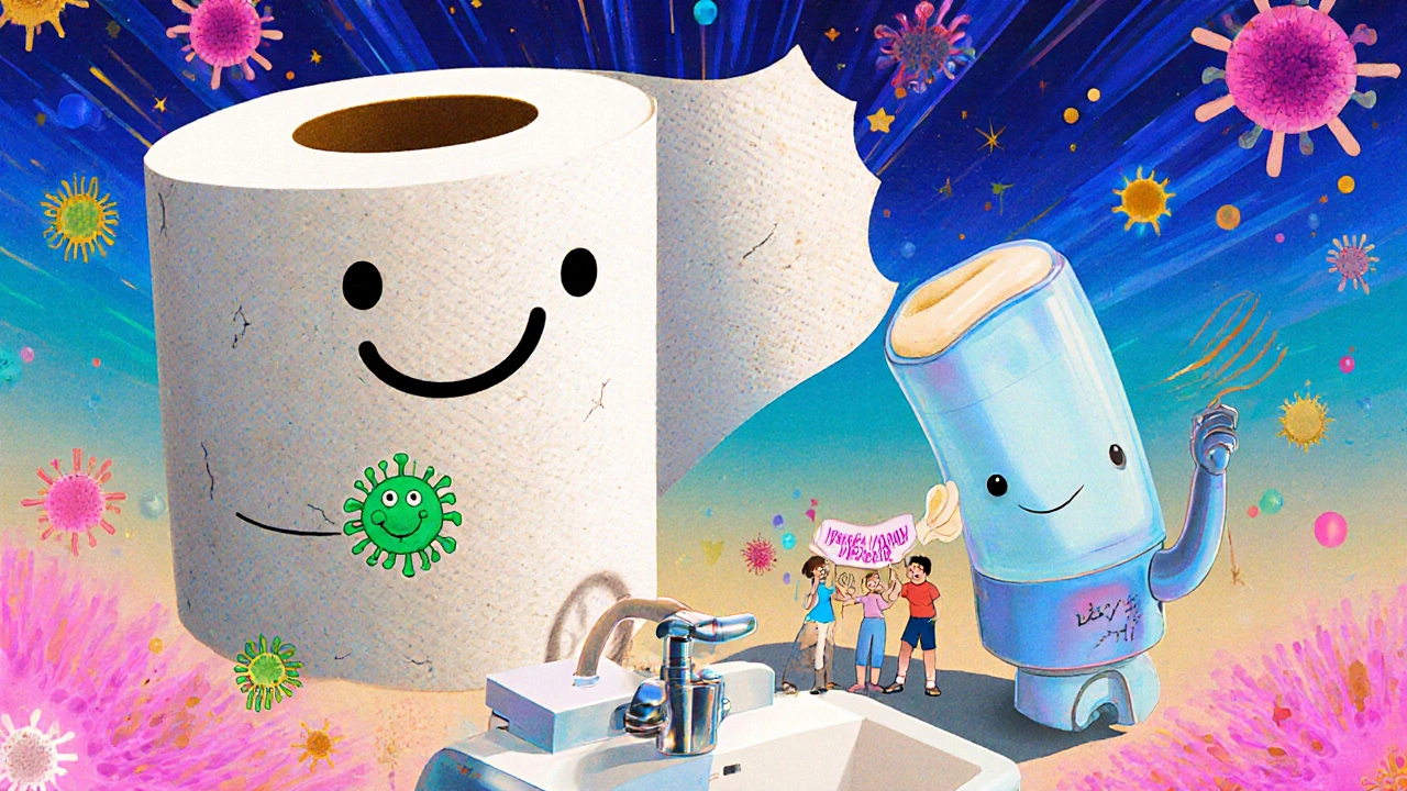 A giant paper towel shield blocks germs from a faucet, with moisturizer and smart dispenser in psychedelic Peter Max style.