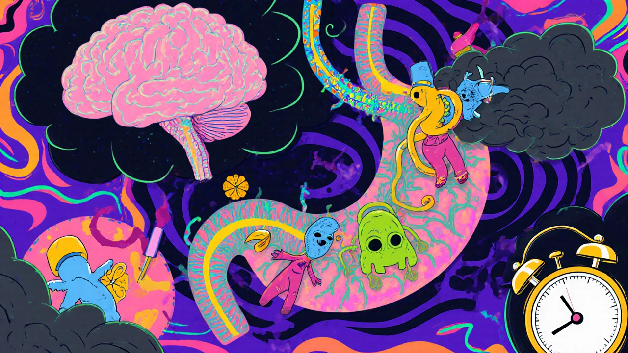 A glowing brain and stomach with friendly drug creatures chasing away dark nausea clouds in a cosmic scene.