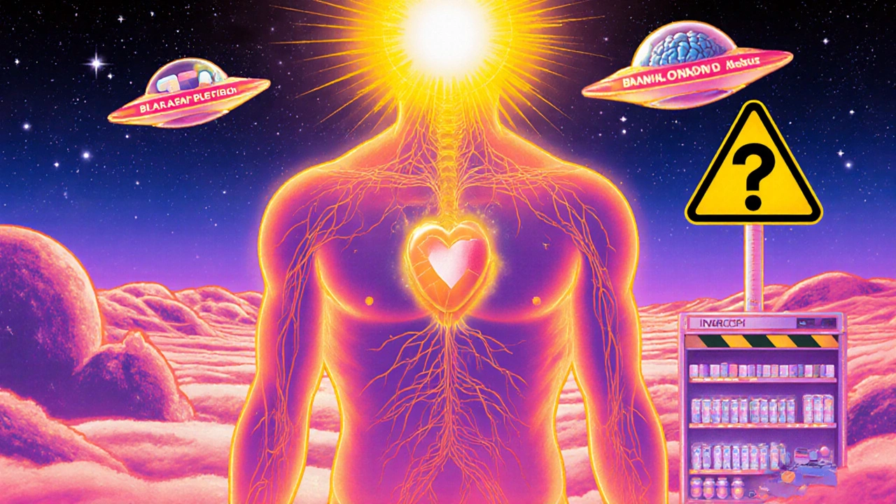 A glowing human body with thyroid as a sun, pill UFOs above, and cosmic background in vibrant colors.