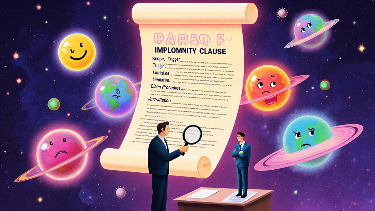 A glowing indemnity clause with seven cosmic elements orbiting a tiny lawyer examining a contract scroll.