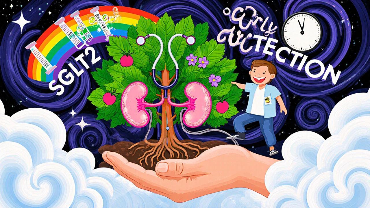 A hand holding a stethoscope that becomes a kidney tree with medical fruit and test strips.