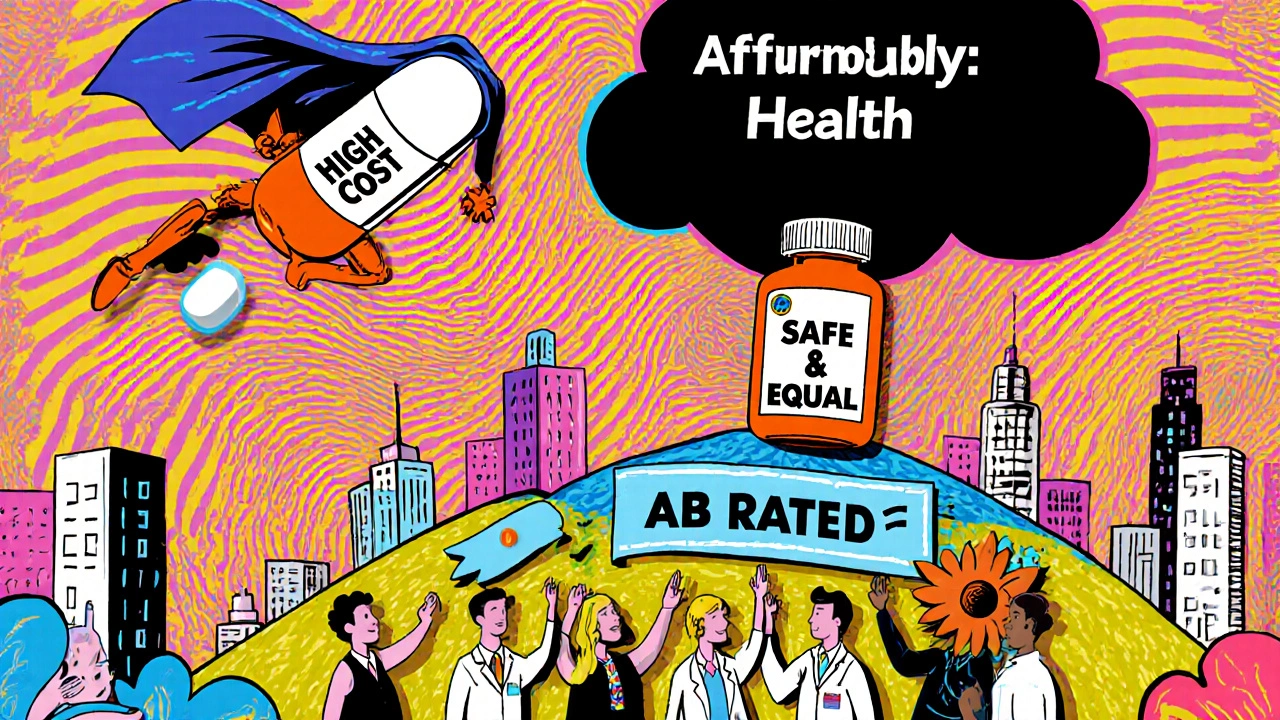 A heroic generic pill with a cape rescuing a patient from a dark cost cloud, landing on a hill of affordable health.