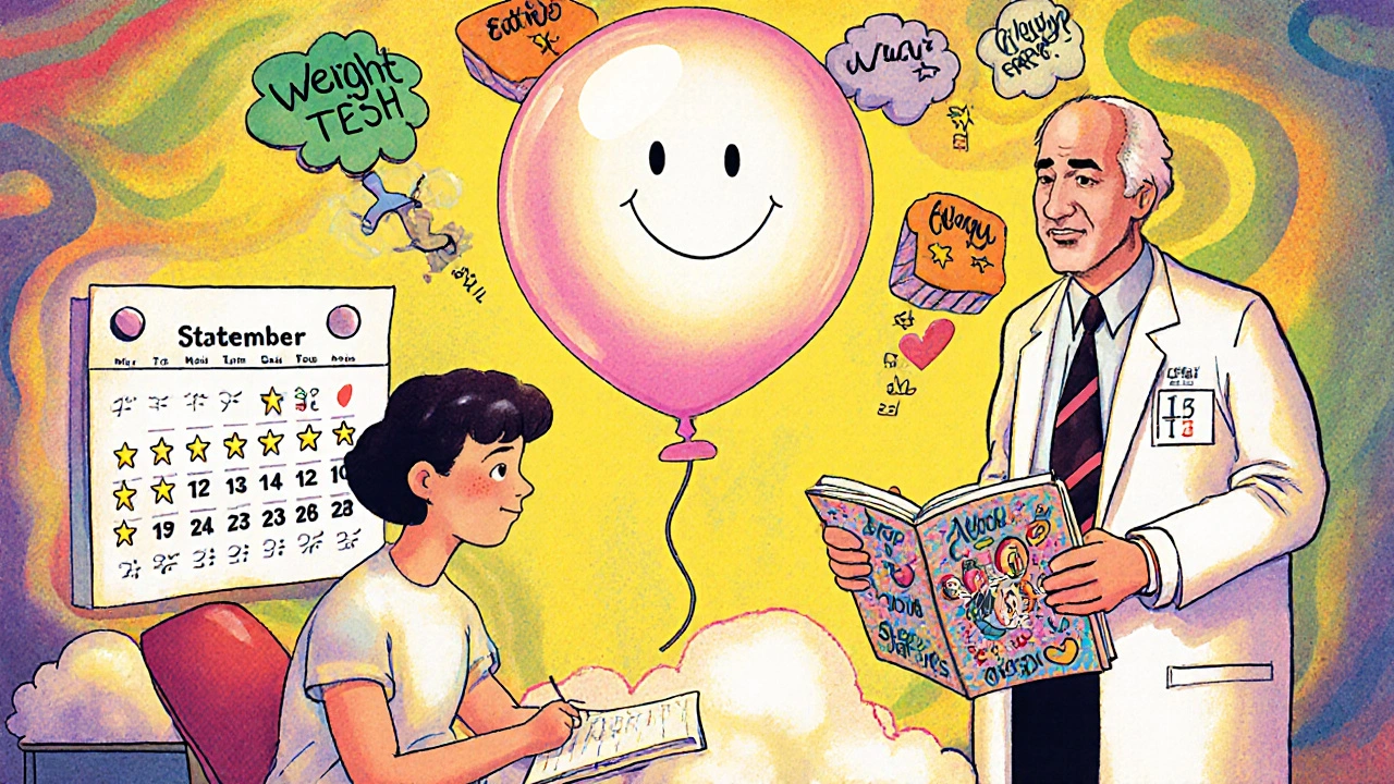 A patient and doctor with a smiling TSH molecule between them, surrounded by icons of symptoms and energy.