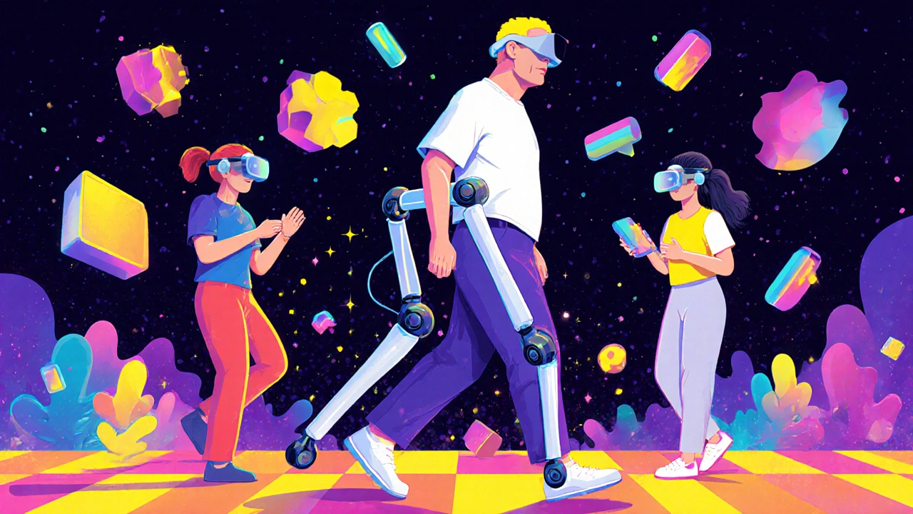 A patient walking with a robotic exoskeleton, aided by therapists and glowing tech devices in a psychedelic, colorful environment.